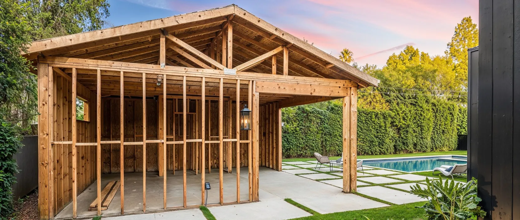 Dallas ADU builders framing a backyard accessory dwelling unit with covered patio and pool area for America ADU homeowners in Dallas TX