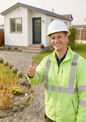happy construction worker showing approval after ADU project completed by America ADU