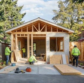 ADU construction framing in progress by America ADU showing professional builders working on a backyard dwelling unit