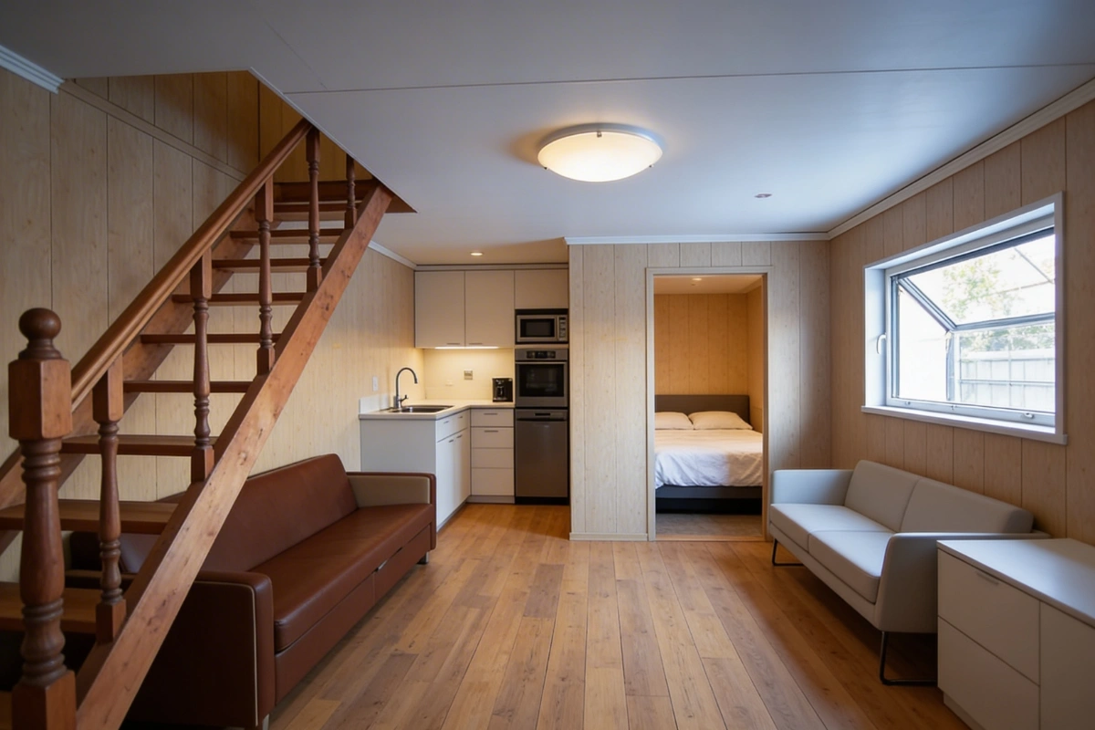 finished basement ADU interior with living space kitchen and staircase built by America ADU