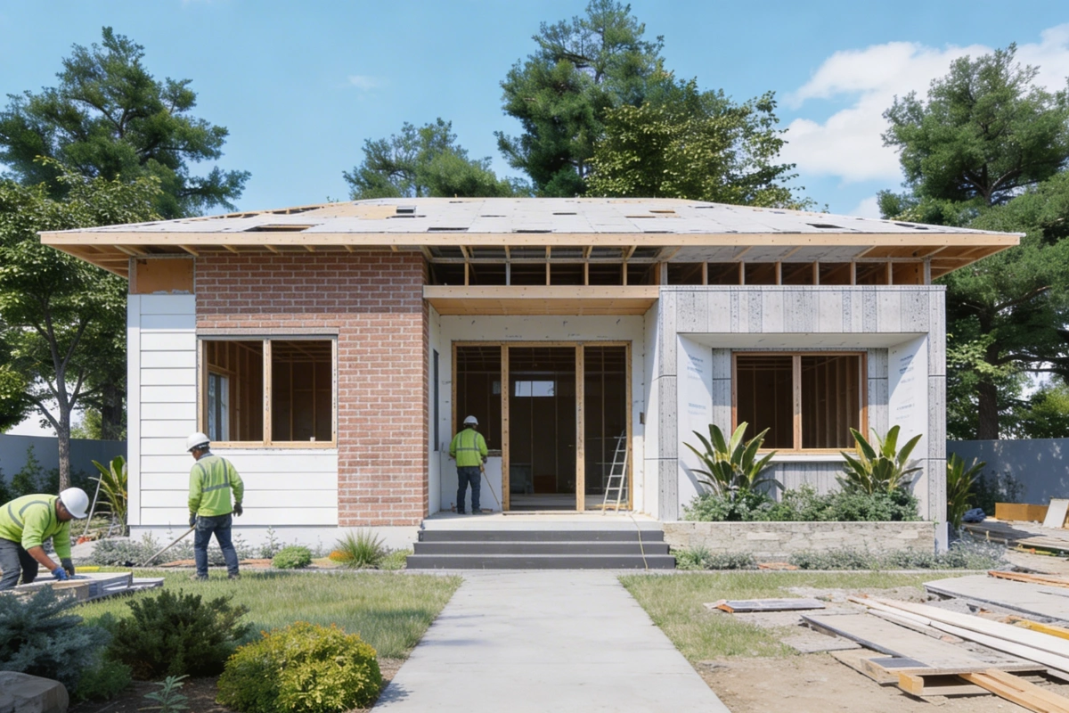 ADU construction project in progress with builders framing a backyard dwelling unit by America ADU