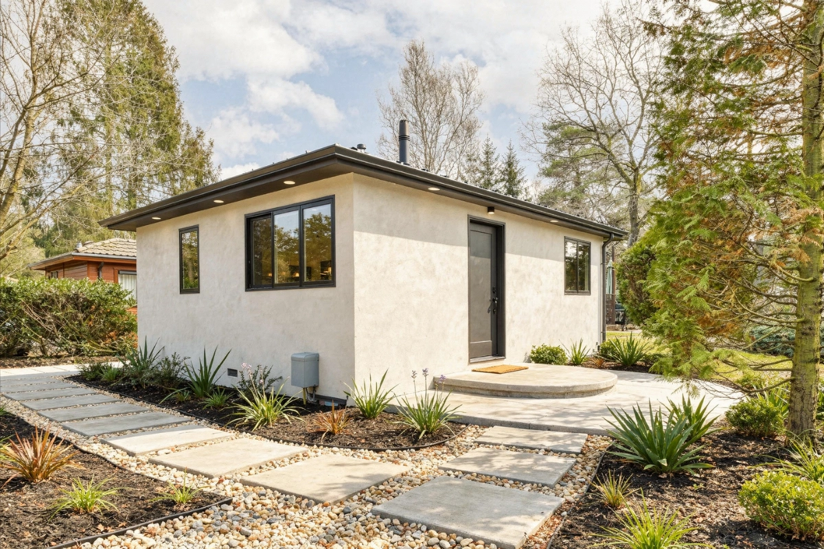 modern detached ADU backyard home with landscaped pathway designed by America ADU