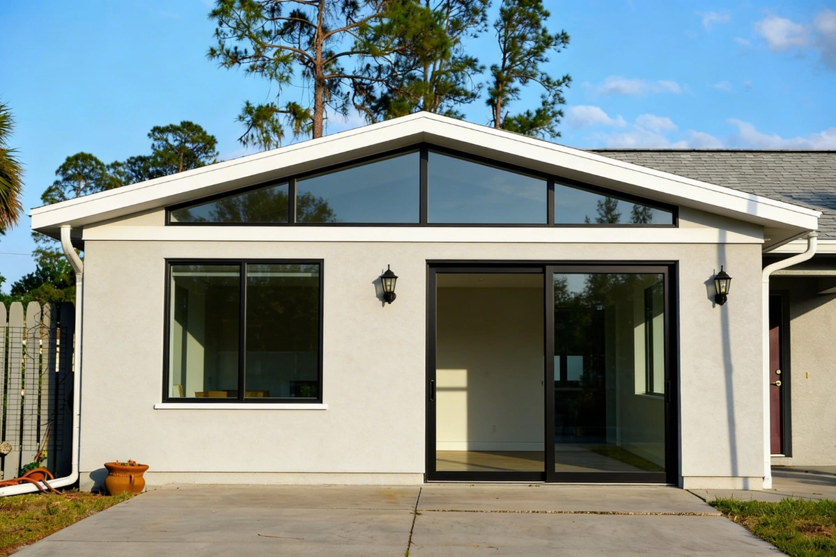 converted garage ADU with modern entrance and landscaped front yard by America ADU