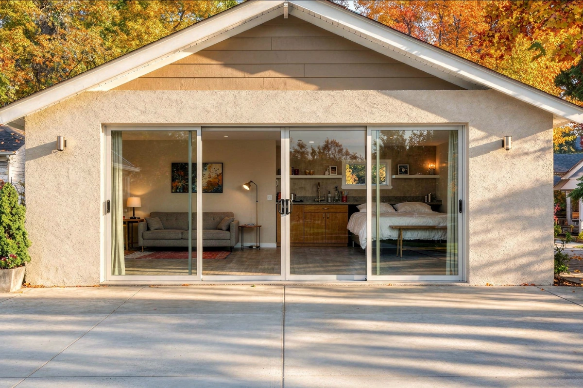 garage conversion ADU with sliding glass doors and open interior living space by America ADU