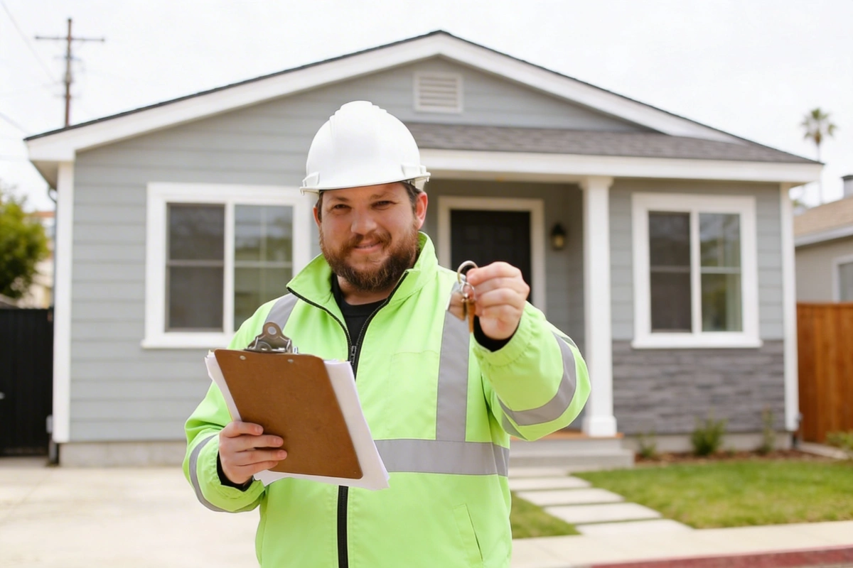 ADU builder handing house keys to homeowner after accessory dwelling unit project completion by America ADU