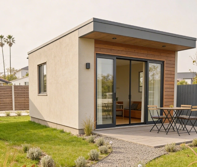 modern backyard accessory dwelling unit with patio and sliding glass doors built by America ADU